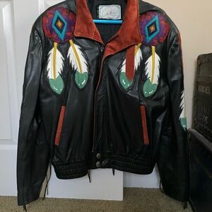 Burray Olsen Designs Black Leather Jacket with Colorful Feather Design